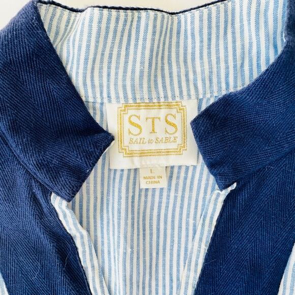 Tuckernuck Sail to Sable Linen Blue Navy Tunic Shift Dress Size Large Split Neck - Picture 4 of 9